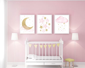 Nursery wall art girl, baby room decor girl gold and pink, moon and star, baby room decor, girl nursery wall art, star nursery, gold nursery