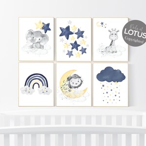 Amarillo marino, arte de pared de guardería, decoración de guardería, conjunto de 6, amarillo y azul marino, guardería de luna y estrellas, arte de pared de habitación para bebés, impresiones de guardería