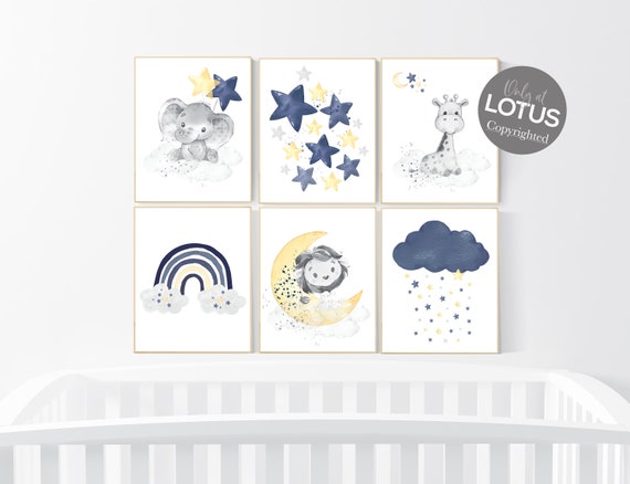 Navy yellow, nursery wall art, Nursery decor, set of 6, yellow and navy blue, moon and stars nursery, baby room wall art, nursery prints