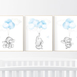 Blue nursery decor, elephant nursery wall art, nursery decor boy elephant, animal prints, baby room, baby blue nursery, elephant balloon