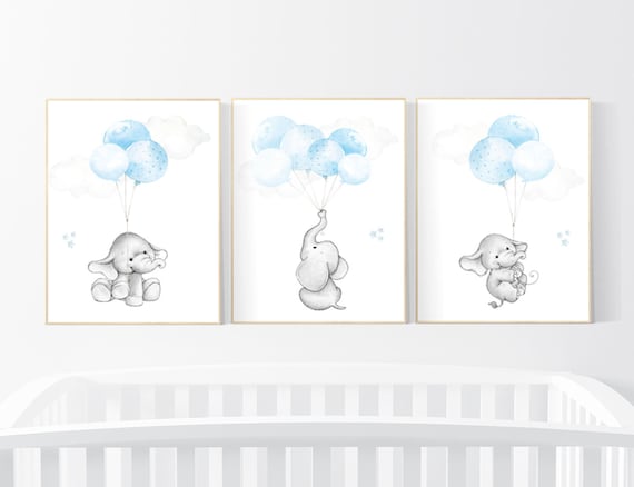 Blue nursery decor, elephant nursery wall art, nursery decor boy elephant, animal prints, baby room, baby blue nursery, elephant balloon