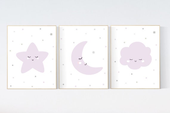 Nursery decor girl purple, cloud, moon and stars, nursery wall art lilac and grey, moon star, cloud, nursery wall art girl, girl nursery