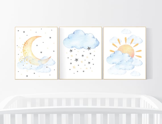Nursery decor clouds, sunshine nursery, gender neutral nursery wall art, sun, cloud, baby room decor, blue yellow, nursery wall decor