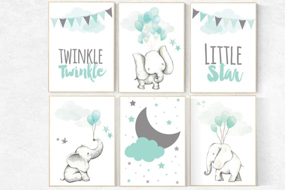 Nursery decor elephant, mint nursery decor, twinkle twinkle little star, gender neutral nursery, animal balloons, nursery decor mint green