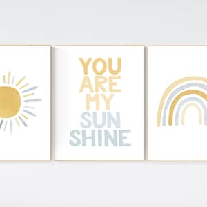 Nursery prints rainbow, mustard yellow and blue, nursery wall decor, rainbow nursery, you are my sunshine, nursery decor neutral, sunshine