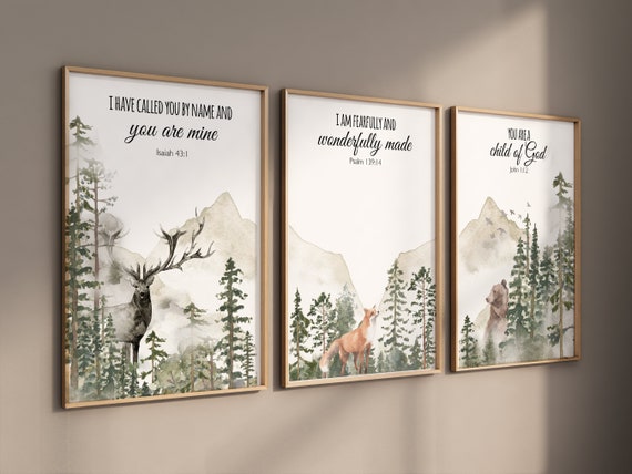 Nursery decor woodland, mountain wall art, tree nursery decor, adventure theme nursery, forest, sage green, bible nursery, verse nursery