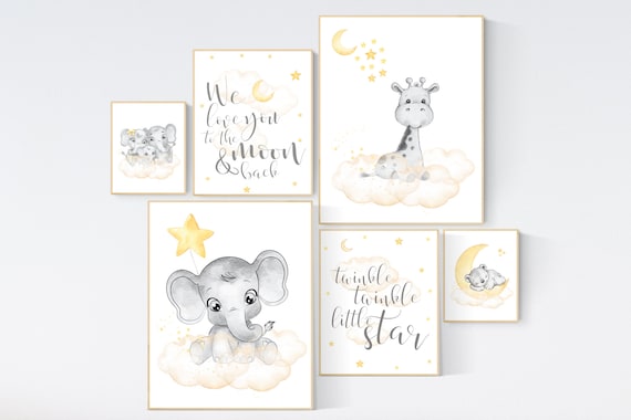 Nursery decor neutral, Yellow nursery, nursery wall art elephant, giraffe nursery, gender neutral, yellow and grey nursery, baby room art