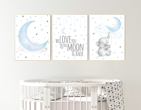 Nursery Decor Elephant Blue Grey We Love You to the Moon and