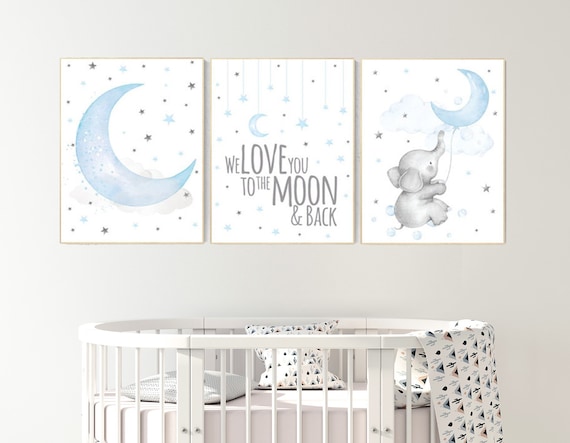 Nursery decor Elephant, blue grey, we love you to the moon and back, Blue and gray, Nursery decor boy, boy nursery, moon and stars wall art