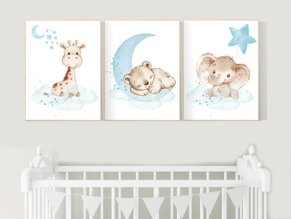 Nursery decor animals, teal nursery, Gender neutral nursery wall art, elephant, giraffe, bear, teal and grey, woodland, animal prints