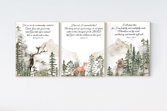Nursery decor woodland, mountain wall art, tree nursery decor, adventure theme nursery, forest, sage green, bible nursery, verse nursery