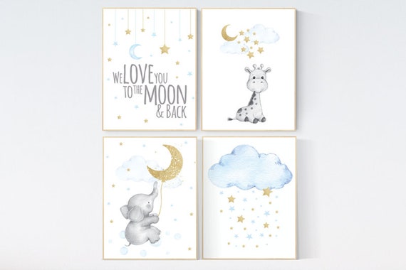 Giraffe nursery, Blue and gold nursery, Nursery decor boy elephant, we love you to the moon and back, blue nursery wall art, moon and stars