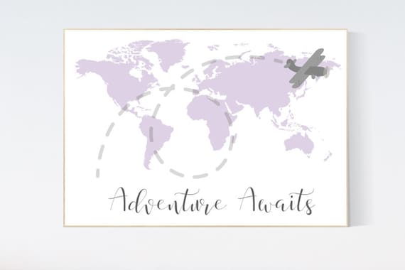 Nursery decor girl purple, nursery decor map, Lilac nursery, adventure awaits, travel nursery decor, world map, lavender nursery