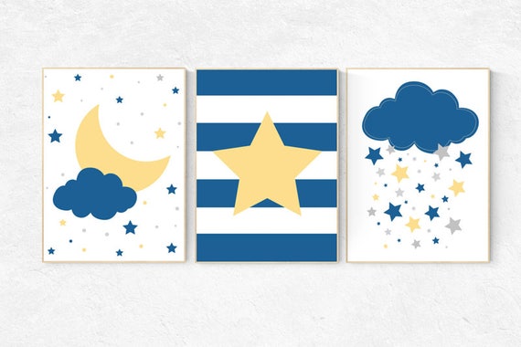 Navy yellow nursery decor, navy nursery, boys room decor, nursery decor boy, cloud nursery, star nursery, boys room wall art, baby boy