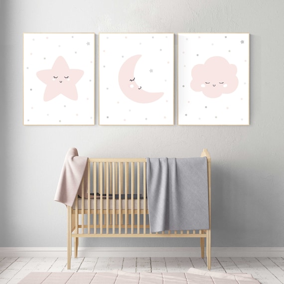 Nursery prints rainbow, Nursery decor girl, nursery wall art, blush pink, moon star, cloud, nursery wall art, light coral, blush, rainbow