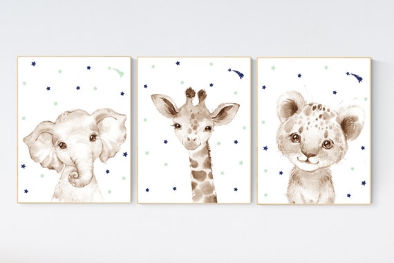 Nursery wall art animals, gray nursery, gender neutral nursery, neutral nursery, baby room decor, bear, elephant, giraffe, animal prints