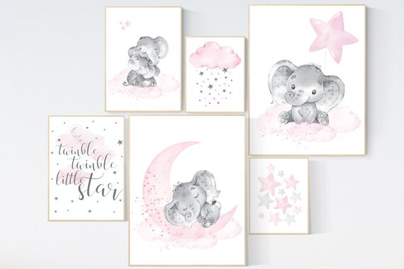 Nursery wall art girl elephant, pink grey, nursery decor girl pink, twinkle twinkle little star, moon and stars, baby room decor girl