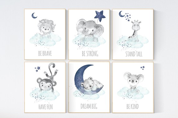 Animal prints, boy nursery decor, navy teal, elephant, giraffe, bear, lion, koala, monkey, navy teal nursery, animal nursery, nursery prints