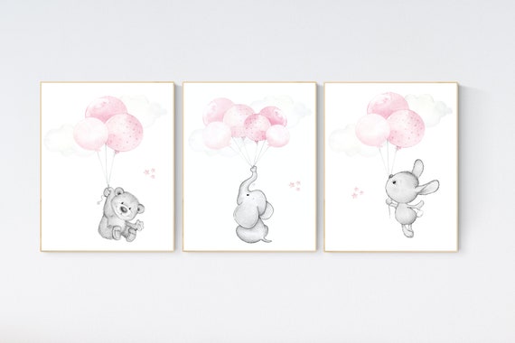 Nursery decor girl pink and gray, animal nursery, nursery decor girl, elephant nursery, girls room decor pink, rabbit nursery, bear nursery