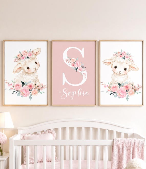 Personalized Lamb Nursery Wall Art Set of 3, Pink Floral Sheep Prints