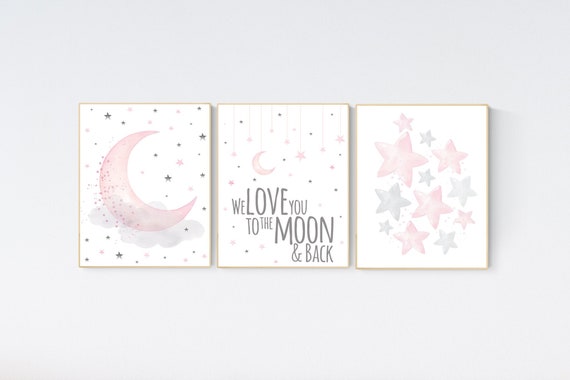 Girls room decor, Nursery decor girl pink and gray, nursery decor girl pink, we love you to the moon and back, cloud and stars, moon nursery