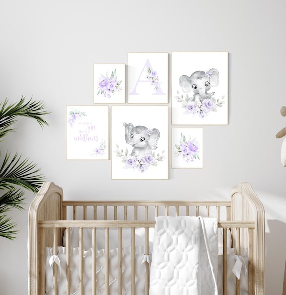 Nursery wall art purple, lavender nursery, floral nursery, elephant nursery print, nurser decor girl, lilac, girl nursery wall decor, name