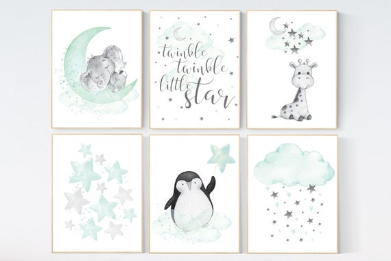 Nursery decor mint and grey, nursery wall art neutral, moon and stars, mint green, penguin, giraffe, elephant, gender neutral nursery