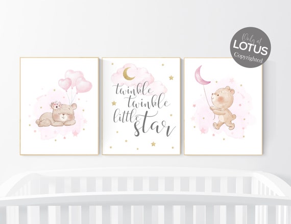 Nursery decor girl, pink and gold, bear nursery, girls room decor, animal nursery, twinkle twinkle little star, pink gold nursery, girl