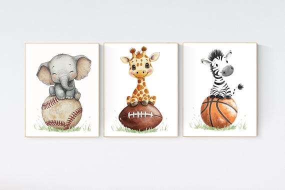 Sports nursery decor, Baby Animals Sport, Baby boy sports nursery, Safari nursery, baseball, football, basketball nursery, animal sports