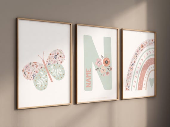 Personalized floral name nursery prints, Butterfly and rainbow wall art for girls, pink mint, boho nursery decor, Custom name initial print