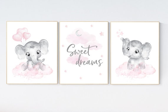 Nursery decor elephant girl, nursery wall art elephant, pink gray, nursery prints elephants, pink grey, elephant nursery wall art, set of 3