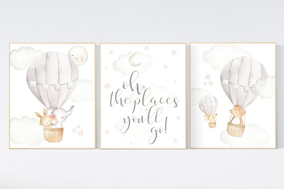 Nursery decor gender neutral, hot air balloon, elephant nursery, woodland animals, baby room decor, animal nursery, hot air balloons