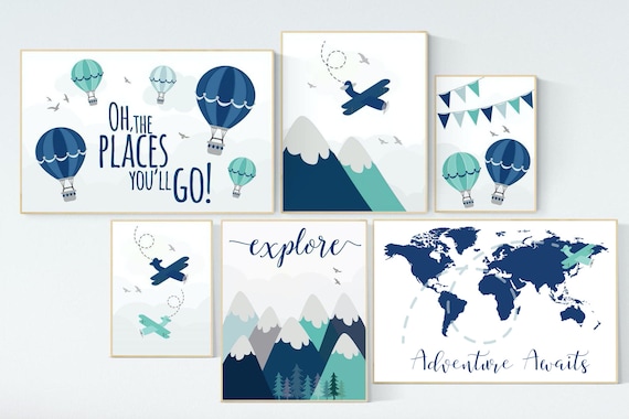 Adventure nursery decor, nursery decor boy adventure, nursery decor boy airplane, world map nursery, adventure awaits, oh the places