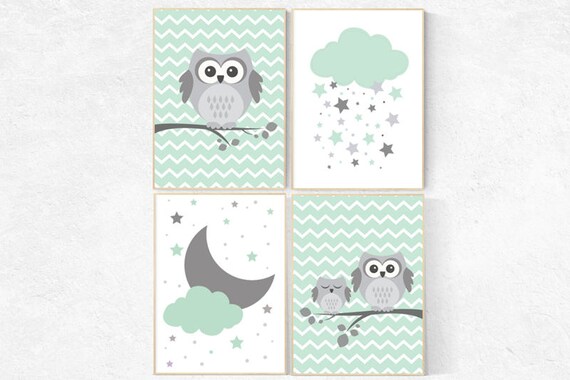 Owl nursery wall art, gender neutral nursery decor, mint nursery decor, mint gray, owl room decor, owl nursery decor, light green nursery