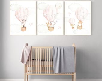 Blush Hot Air Balloon Nursery Art: Woodland Animals Print
