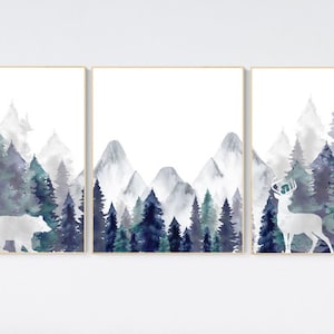 Nursery decor woodland, mountain wall art, tree nursery decor, adventure theme nursery, forest, navy and teal, woodland animals