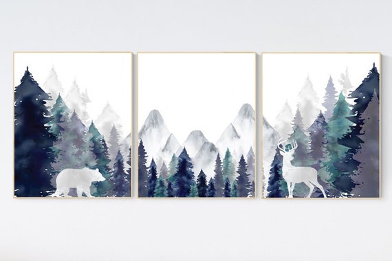 Nursery decor woodland, mountain wall art, tree nursery decor, adventure theme nursery, forest, navy and teal, woodland animals