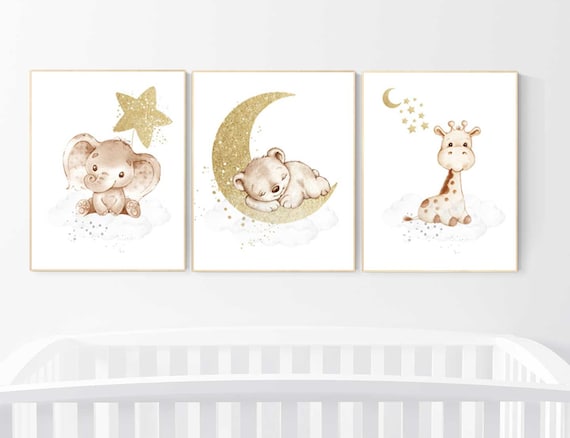 Animal nursery, gender neutral, grey gold, nursery prints, elephant and giraffe nursery, bear, baby bear, nursery decor twins, gray nursery