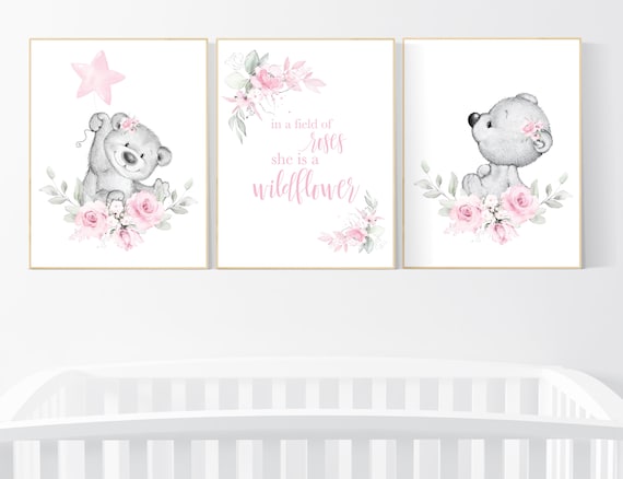 Nursery decor girl flower, bear nursery, floral nursery wall art,, Nursery wall art girl, girl nursery ideas, pink, nursery wall decor