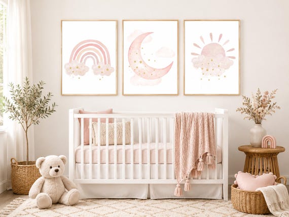 Blush Rainbow Nursery Prints: Moon, Star, Cloud Wall Art