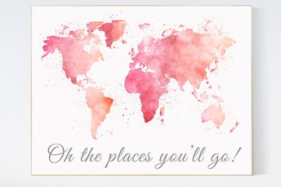 World Map Wall Art, Oh The Places You'll Go Quote, Watercolor World Map, Baby girl Nursery, Toddler Room Decor pink world map nursery prints