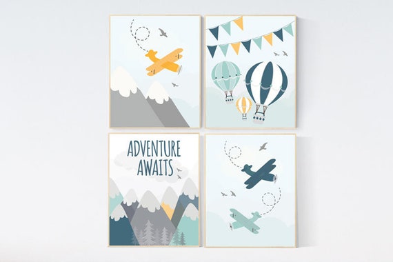 nursery decor boy mountain, adventure awaits, nursery prints neutral, hot air balloon, mountain wall art nursery, gender neutral, planes