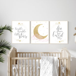 Twinkle twinkle little star, Nursery wall art girl pink gold, baby room decor girl gold and pink, cloud and stars, baby room, moon print