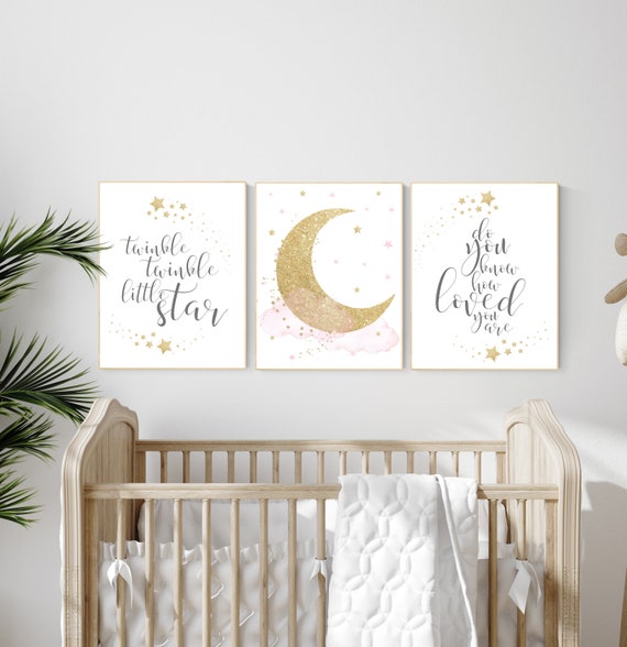 Twinkle twinkle little star, Nursery wall art girl pink gold, baby room decor girl gold and pink, cloud and stars, baby room, moon print