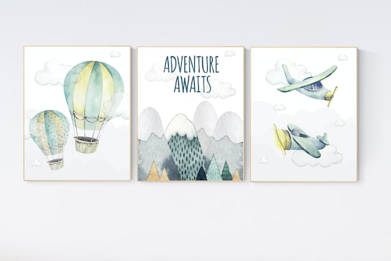 Nursery decor boy mountain, adventure nursery, travel theme nursery, woodland, gender neutral, adventure awaits, hot air balloon, plane