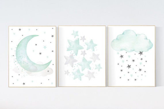 Mint nursery decor, nursery decor stars, gender neutral nursery, moon and stars nursery, mint green nursery, cloud nursery, star nursery art