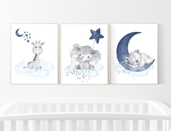 Nursery decor elephant and giraffe, animal nursery prints, navy nursery, navy blue nursery, baby room wall art, woodland animal prints