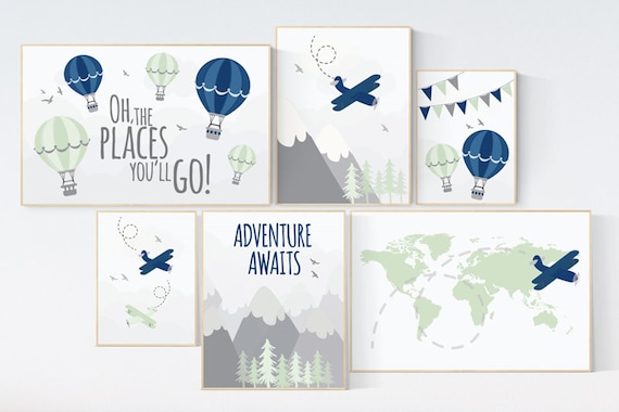 Nursery decor boy mountains, nursery decor boy airplane, world map, adventure awaits, navy green, adventure nursery prints, hot air balloon