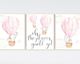 Elephant Hot Air Balloon Nursery Print Set: Pink Girl Decor