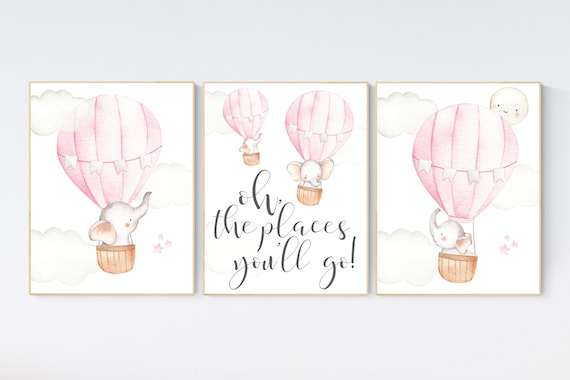 Hot air balloon nursery, nursery decor, elephant nursery, pink nursery decor, girl nursery wall decor, set of 3, baby room decor, pink